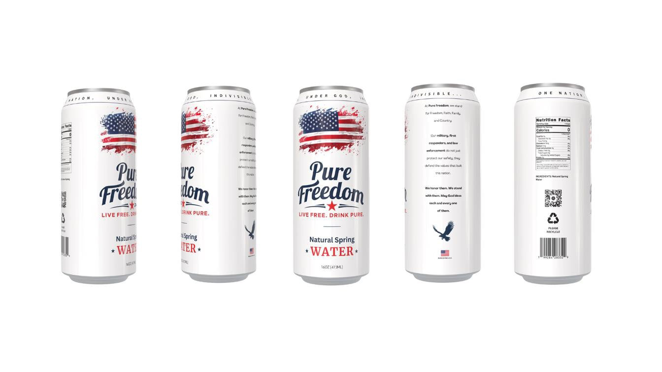 Five views of the Pure Freedom natural spring water can and its packaging
