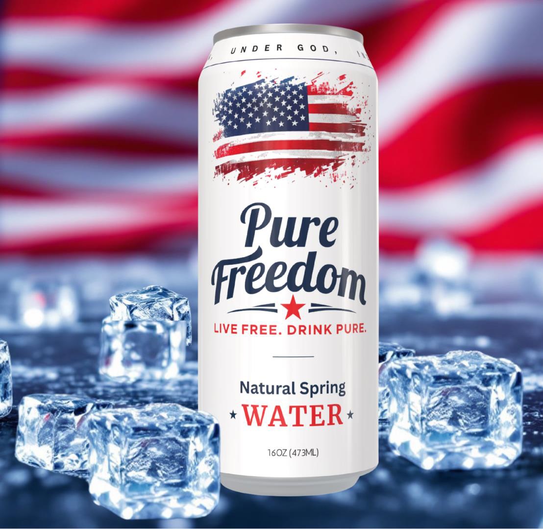 Pure Freedom natural spring water can on ice in front of the American flag